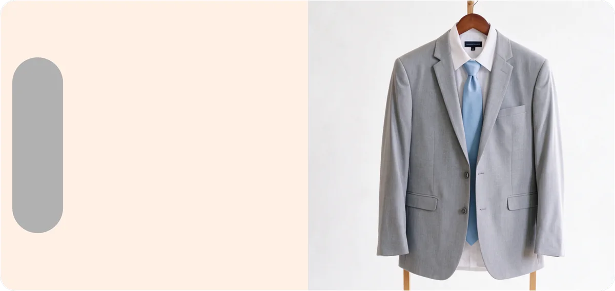 Terno cinza-claro com gravata azul serenity no cabide