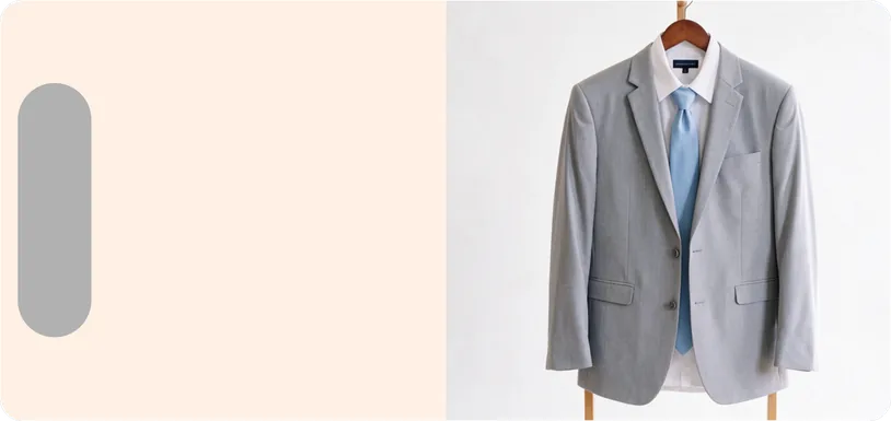 Terno cinza-claro com gravata azul serenity no cabide